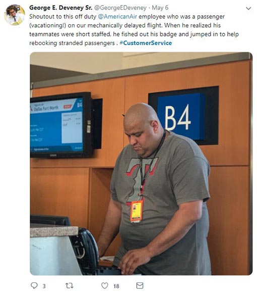 A picture of a tweet praising an American Air employee