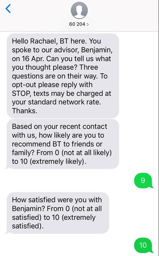 A picture of a SMS survey BT send to customers