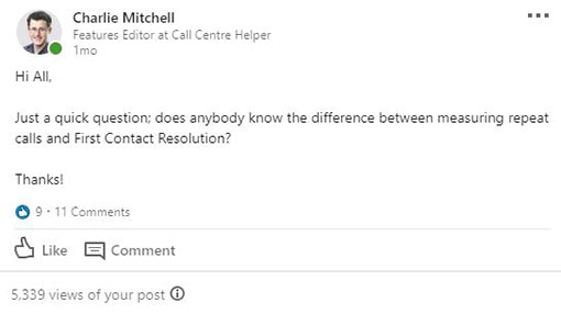 A screenshot of a question posted on the Call Centre Helper LinkedIn group