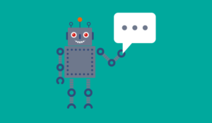 A picture of a robot holding a speech bubble