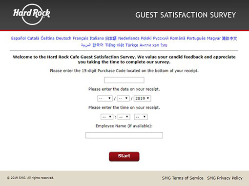 A picture of the online satisfaction survey for the Hard Rock Cafe