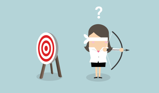 A picture or a blindfolded businesswoman missing the target with an bow and arrow