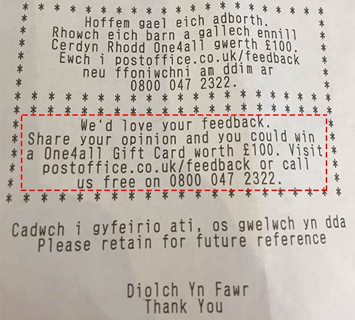 An image of a receipt signposting where customers can go to give their feedback 