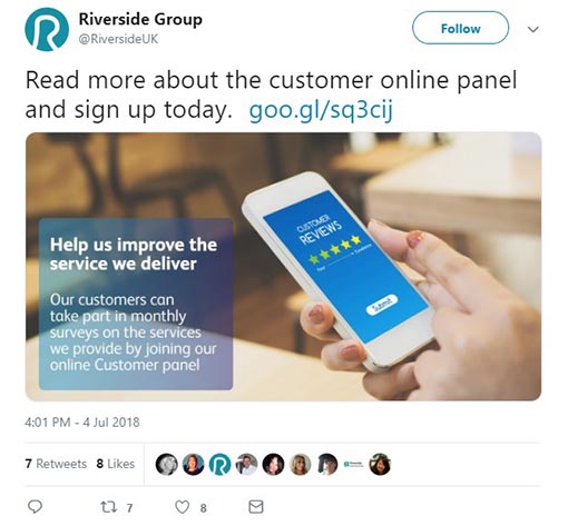 A screenshot of a tweet to join a customer panel from Riverside Group