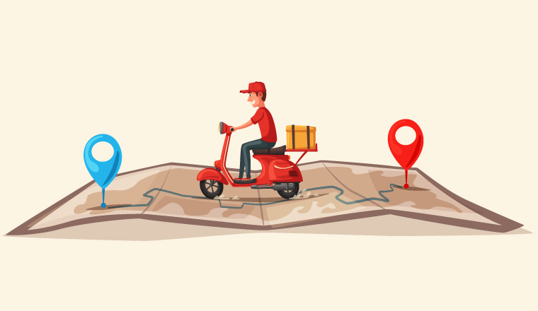 A man on a scooter drives across a map from one point to another