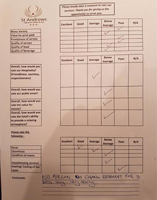 A picture of a feedback form posted on TripAdvisor