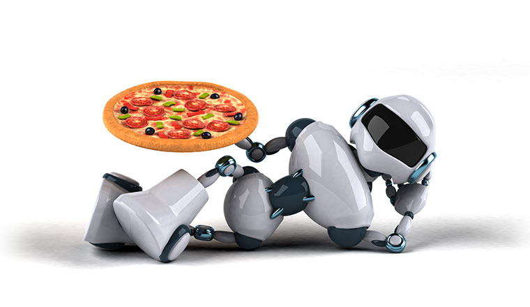 A picture of a relaxing robot holding a pizza