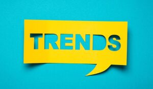 A photo of a square speech bubble with the word "trends"