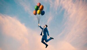 A picture of a person hold balloons and flying