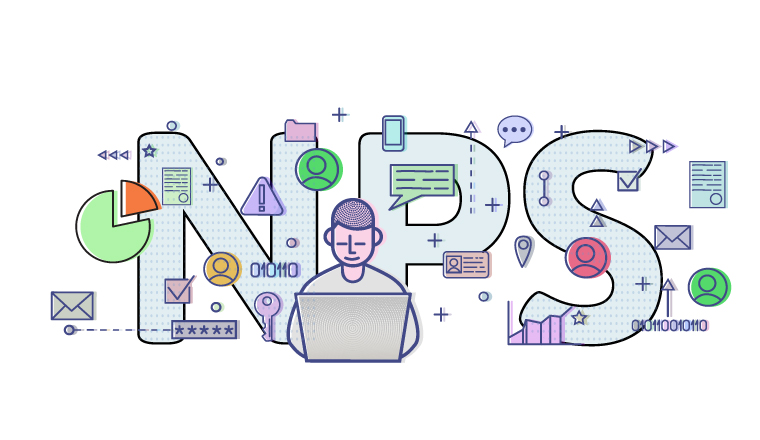 A graphic depicting NPS, Net Promoter Score, with graphics of analytics, and online content icons