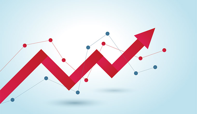 A red arrow points up and down, with data points behind it