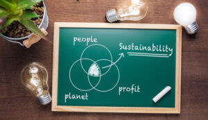 A green blackboard has a venn diagram of people, profit, planet, with sustainability linking them together in business