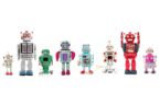 A group of toy robots in a row