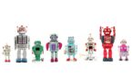 A group of toy robots in a row