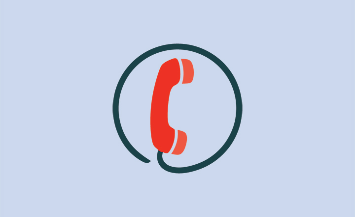 a red telephone is on a purple background with the cord making a circle