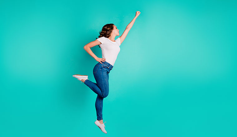 A photo of a motivated jump pose