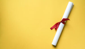 A photo of a certificate scroll with a ribbon