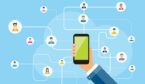 A mobile phone connects to a group of head icons