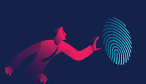 A cartoon man reaches towards a large finger print