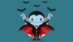 A picture of a cartoon vampire with bats flying above him