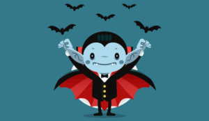 A picture of a cartoon vampire with bats flying above him