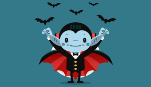 A picture of a cartoon vampire with bats flying above him