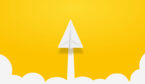 A paper plane points towards the top of the image with a yellow background