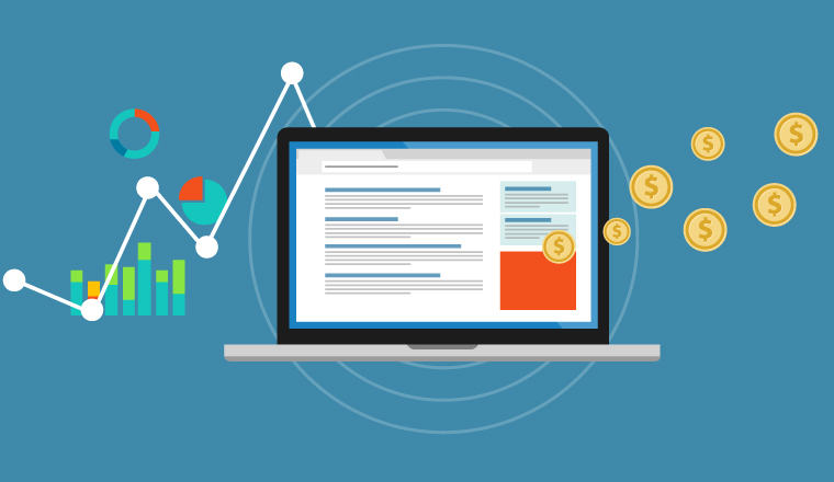 A laptop with graphs on one side and money on the left