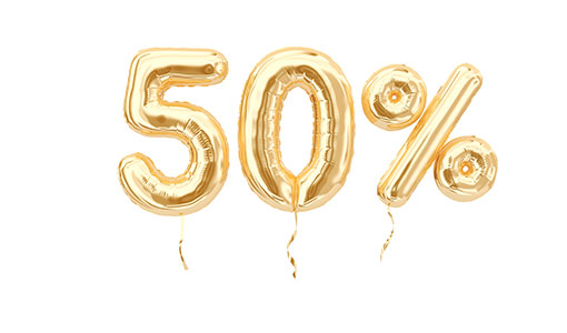 A photo of balloons shaped like "50%" 