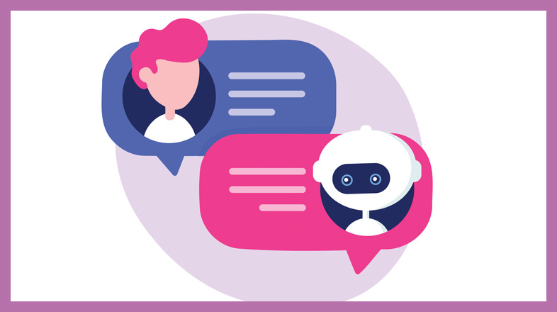 A picture of a robot and a person communicating with speech bubbles