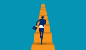 A picture of a man marching up some stairs