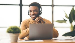 A photo of someone working in a call centre