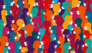 A picture of cartoon people wearing facemasks