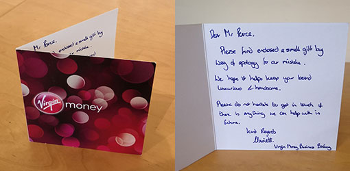 A photo of an apology card sent by Virgin