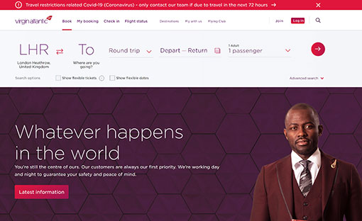 A picture of Virgin's website during the Coronavirus outbreak