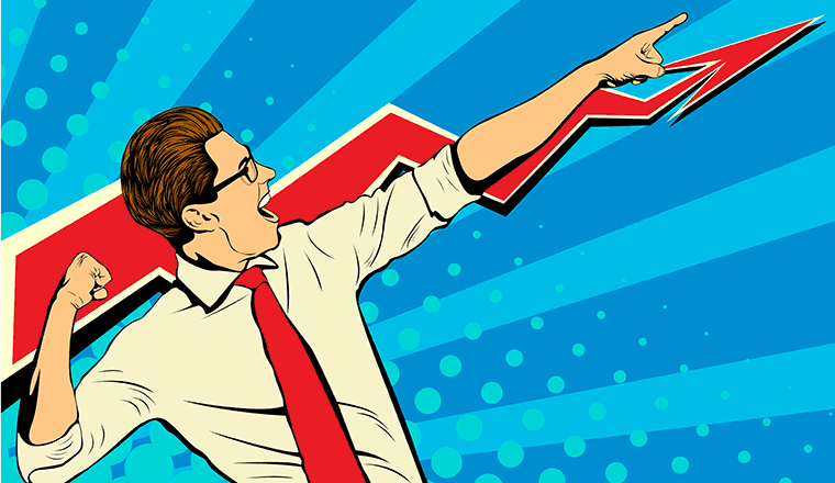 A cartoon of a businessperson pointing at an upwards arrow