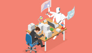 A picture of a robot vs an agent in a call centre