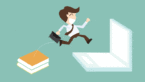 man jumping from books into computer