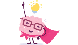 cartoon brain wearing a cape with a lightbull above its head