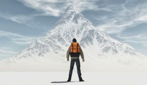 A photo of a man versus a mountain