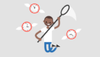 A picture of someone trying to catch clocks (schedule adherence concept)