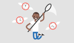 A picture of someone trying to catch clocks (schedule adherence concept)