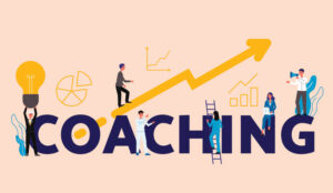 A picture of the words coaching with an arrow