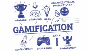 A picture of the word gamification and game icons