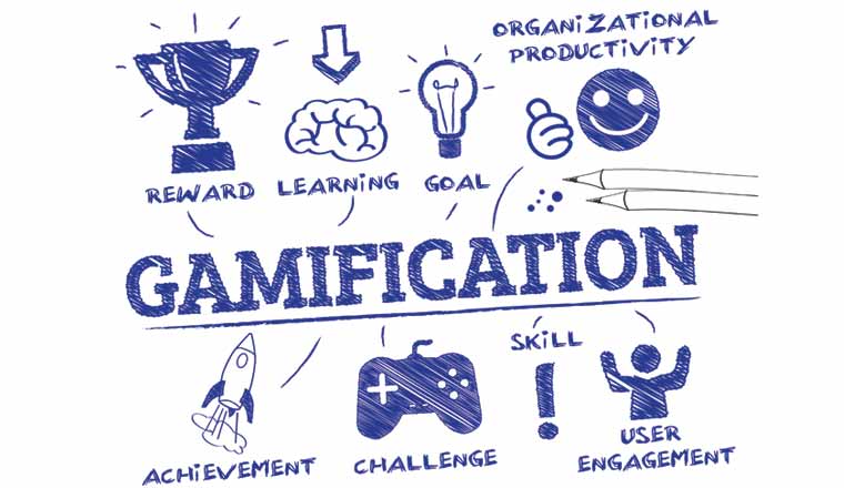 A picture of the word gamification and game icons