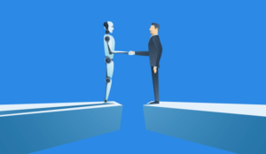 A picture of a businessman and robot meeting on a bridge