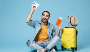 A picture of an air passenger holding a toy airplane