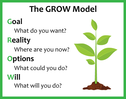 A picture outlining the GROW coaching model