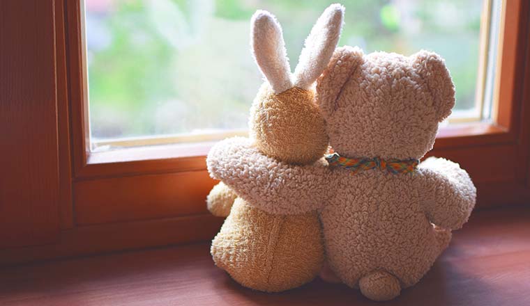 A photo of a hug between a teddy bear and a bunny