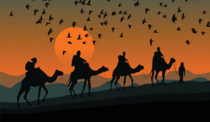 A picture of birds and camels on a journey